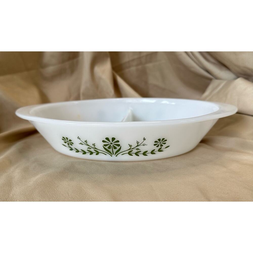 Vintage Glasbake Divided Baking Dish White with Green Flowers
